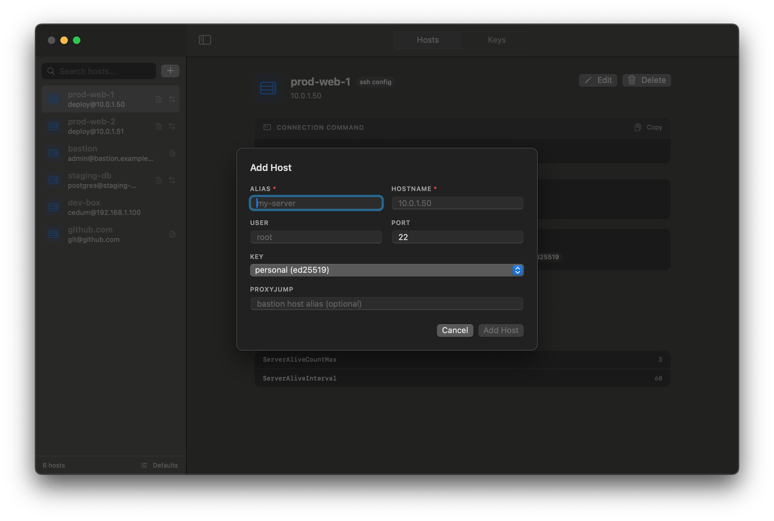 SSHVault Add Host dialog