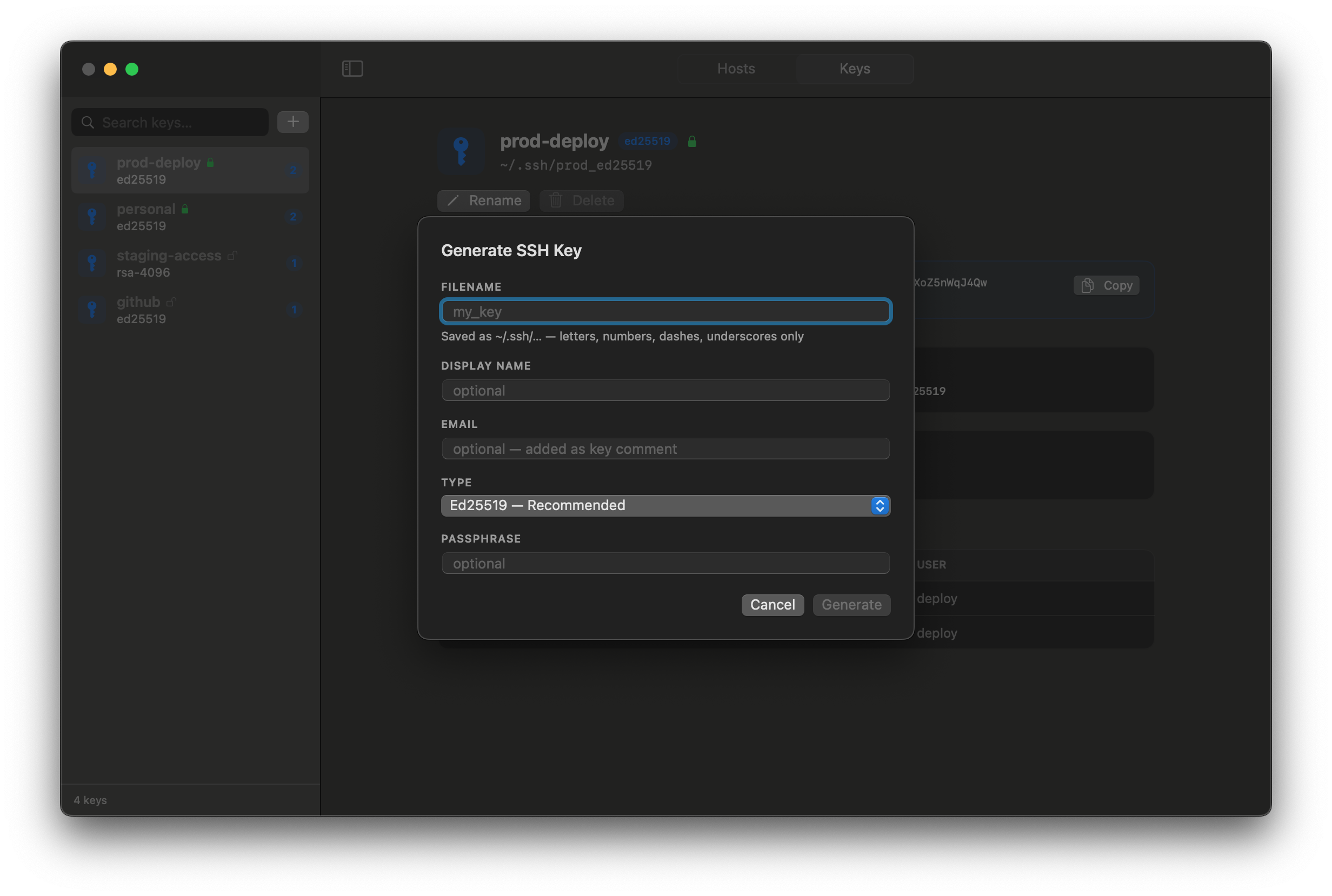 SSHVault Generate SSH Key dialog