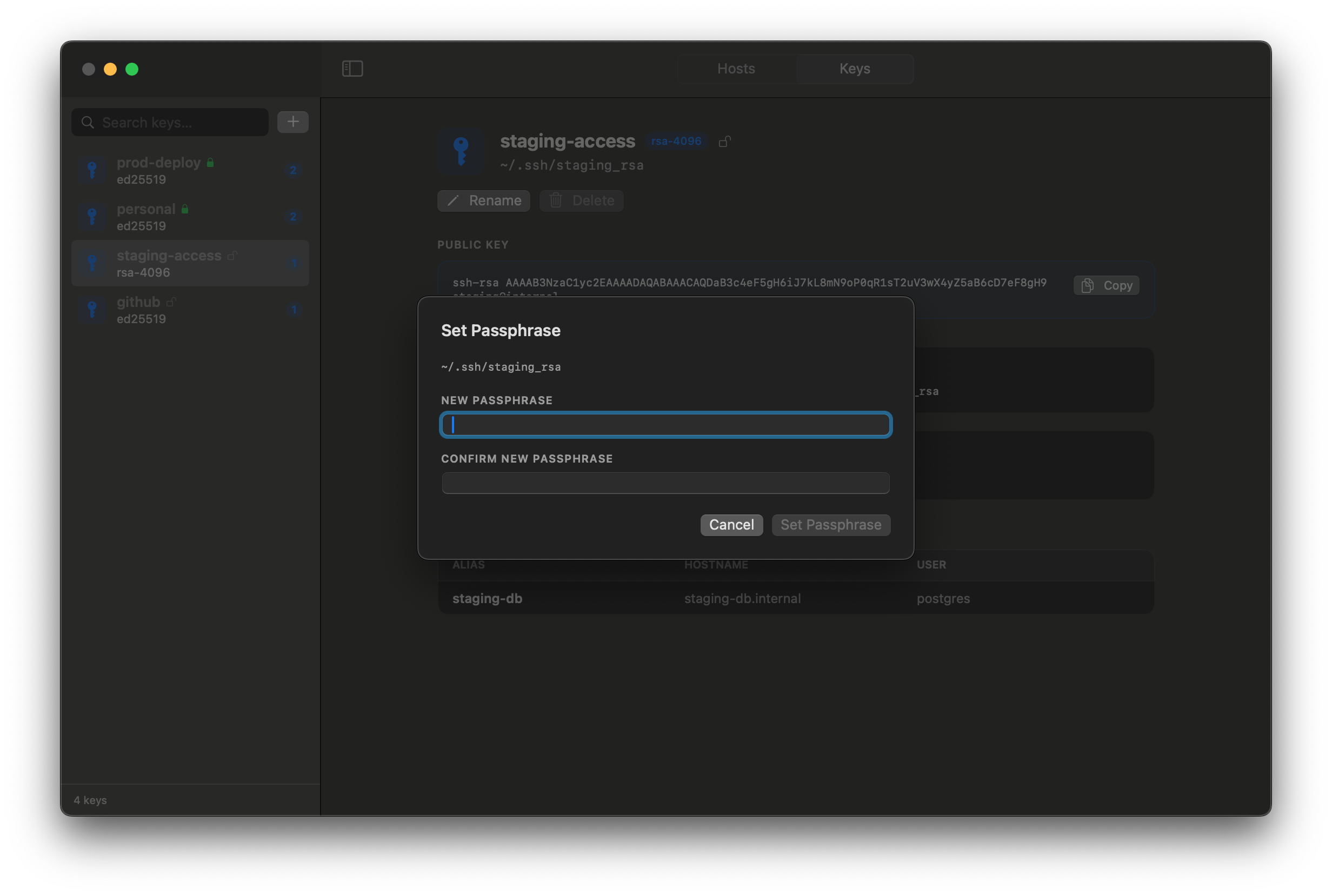 SSHVault Set Passphrase dialog